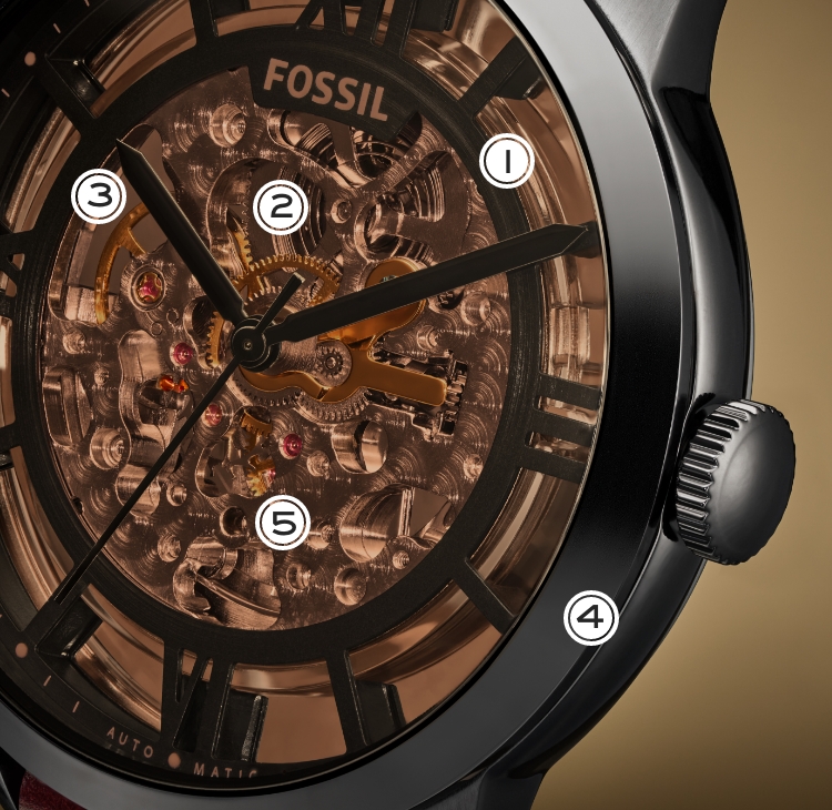 A closeup of the Townsman Automatic watch with white circles indicating what different parts of the watch are.